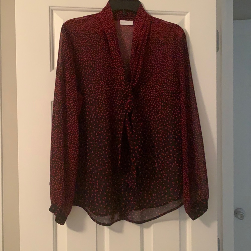 Sheer long sleeved red & black top with tie detail